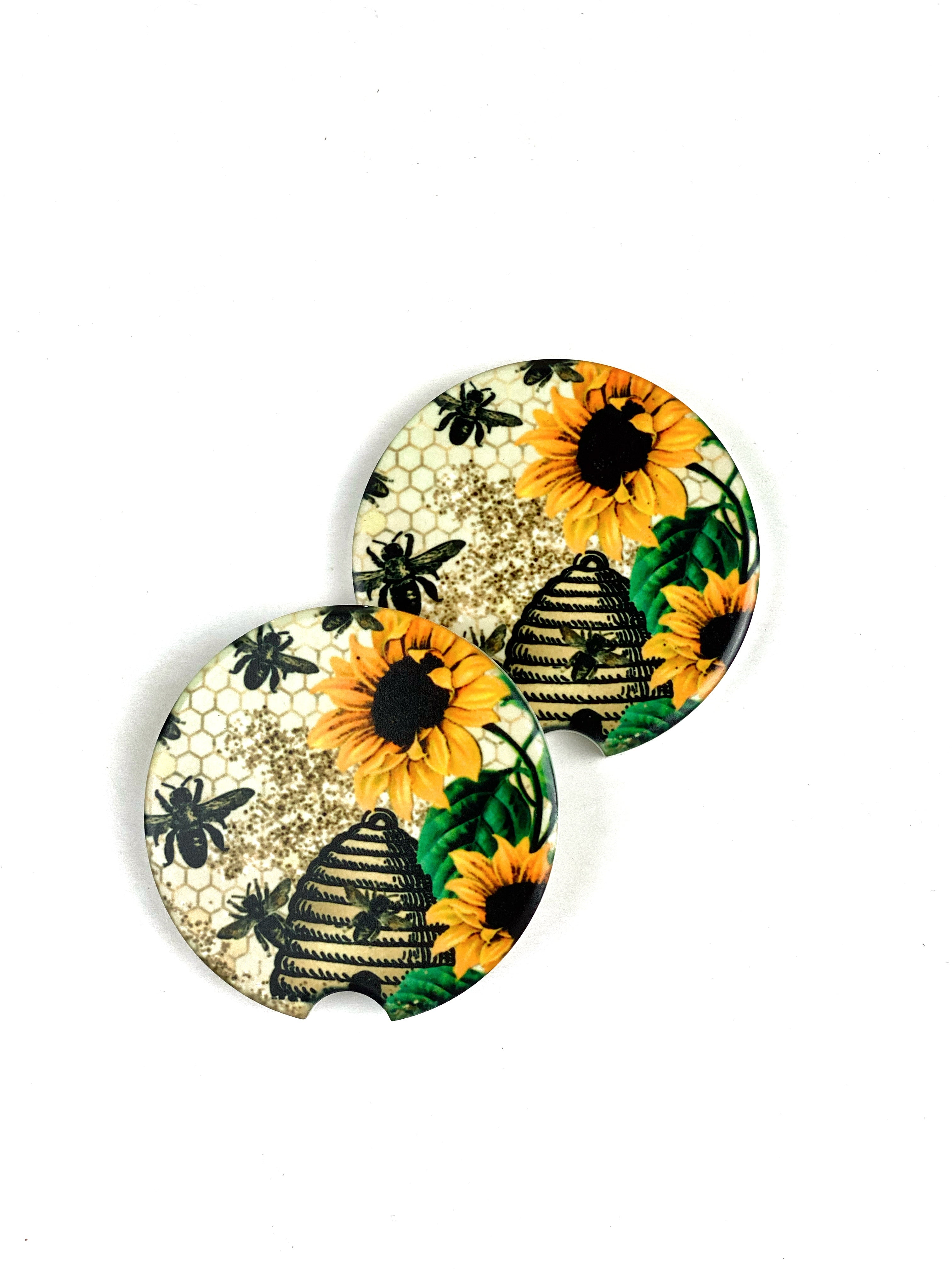 Honey Bee and Sunflowers Car Coasters Ceramic Stone Sublimation Set of 2