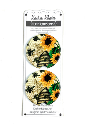 Honey Bee and Sunflowers Car Coasters Ceramic Stone Sublimation Set of 2