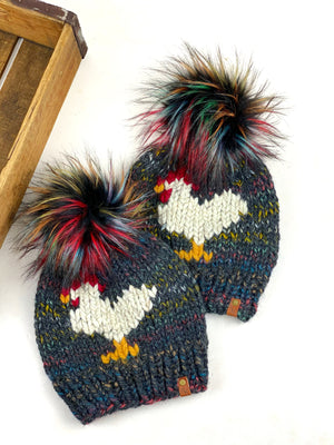 Multi Colored Chicken Beanie Wool Blend Womens Adult Hat Faux Fur Pom Pom Hat