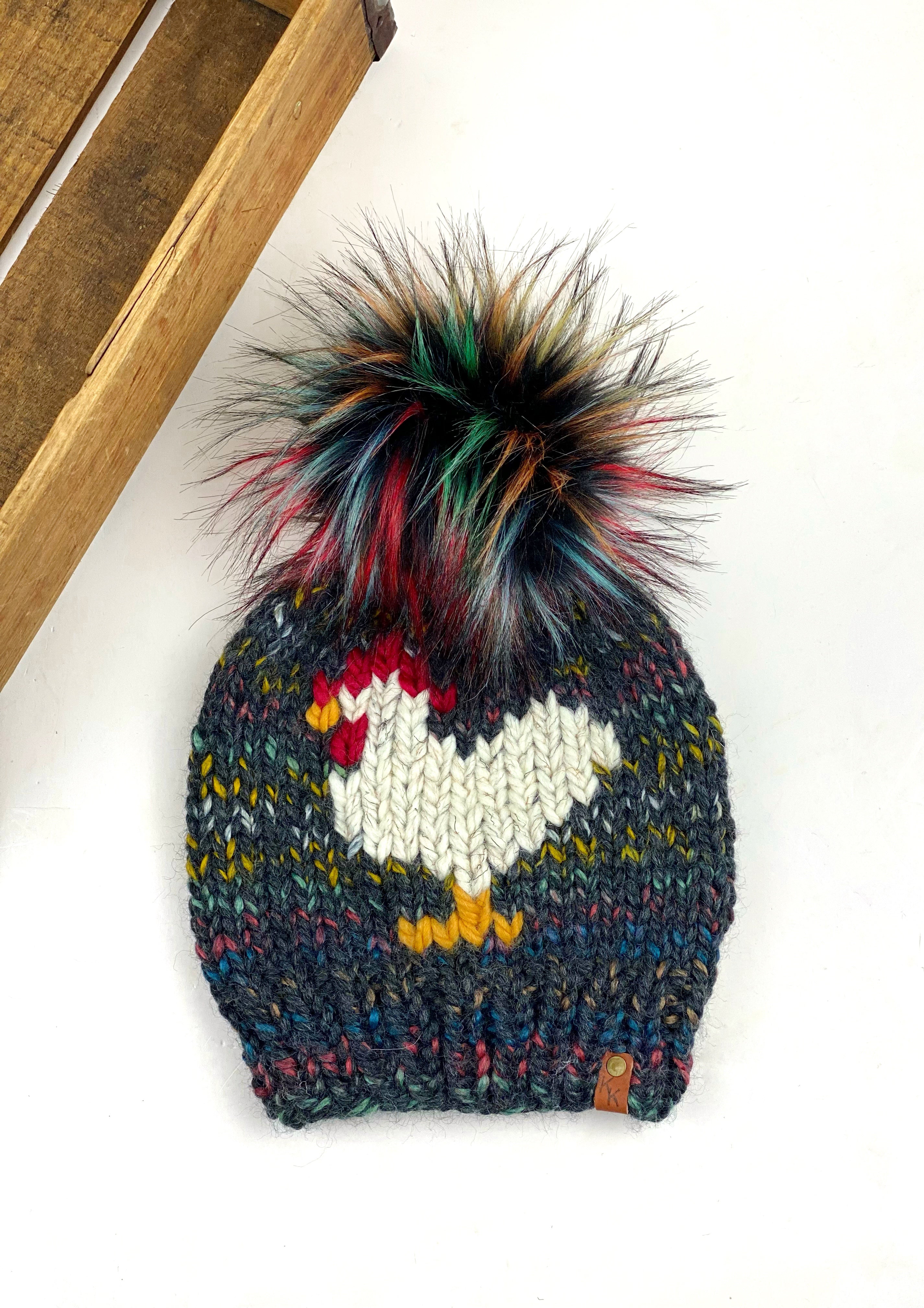 Multi Colored Chicken Beanie Wool Blend Womens Adult Hat Faux Fur Pom Pom Hat