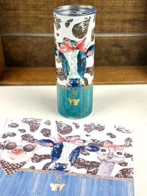 Barnyard Series Chicken, Cow, Sheep, Pig, Ostrich on Cow Print 20 oz Stainless Steel Skinny Tumbler Sublimation Hot Cold Coffee Soda