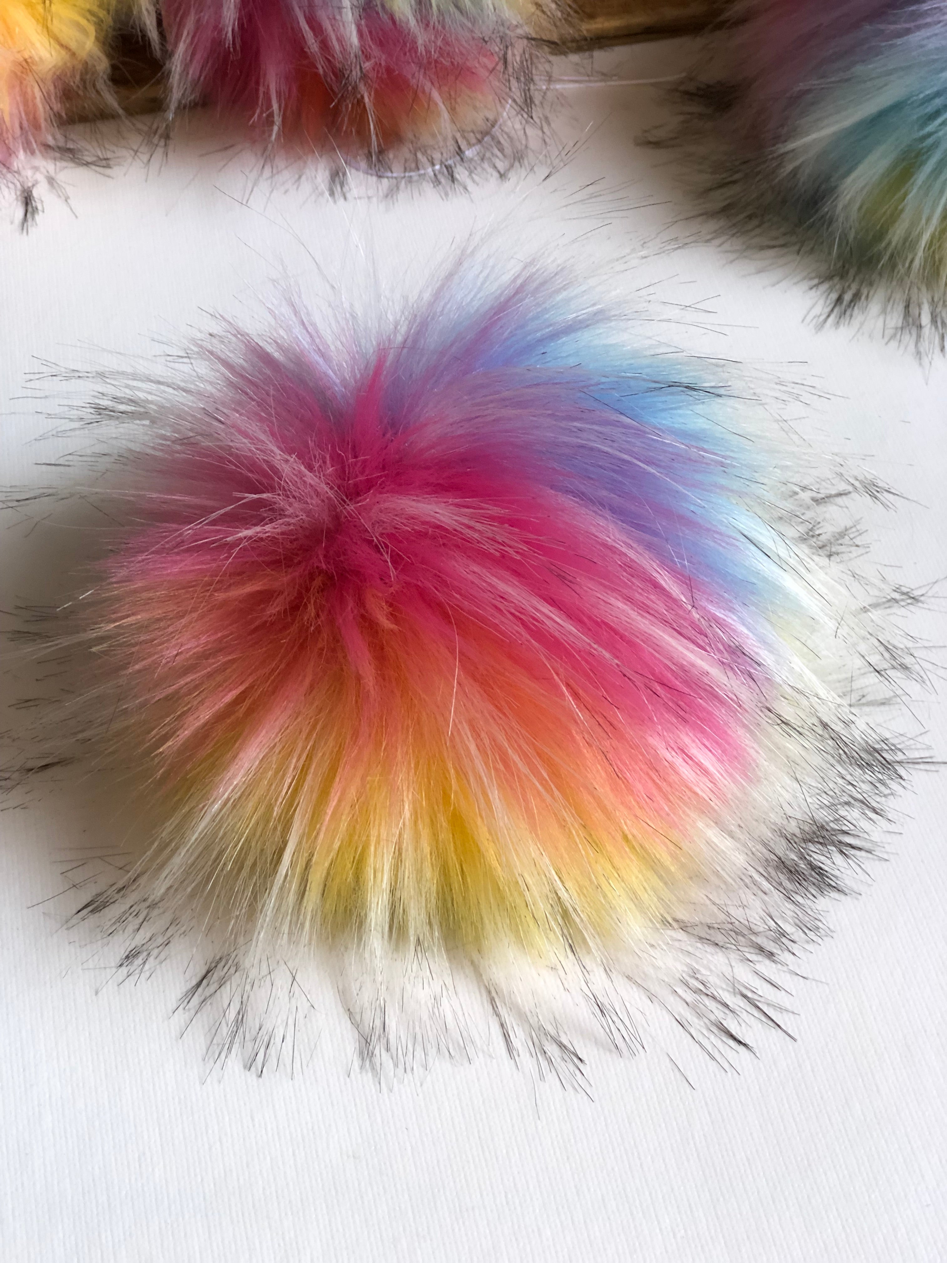 Faux Fur Pom Poms for Hats 6 Pack Pastel Rainbow Mix 