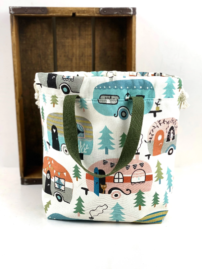 Happy Camper Project Bag,  Canvas Project Bag, Project Bag for Knitters, Crochet Project Bag, Handmade by Kitchen Klutter