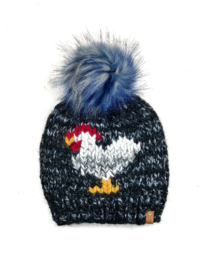 Chicken Hat in Metropolis & Marble Beanie Wool Blend Womens Adult Hat Faux Fur Snap On Pom