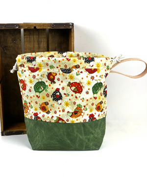 Spring Chickens Cotton Project Bag, Project Bag for Knitters, Waxed Canvas Bag, Crochet Bag, Whimsical Project Bag