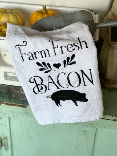 Farm Fresh Bacon Flour Sack Towel, Pig Kitchen Towel, Extra Large Cotton Towel, Heat Pressed Vinyl Kitchen Towel, White Cotton Towel