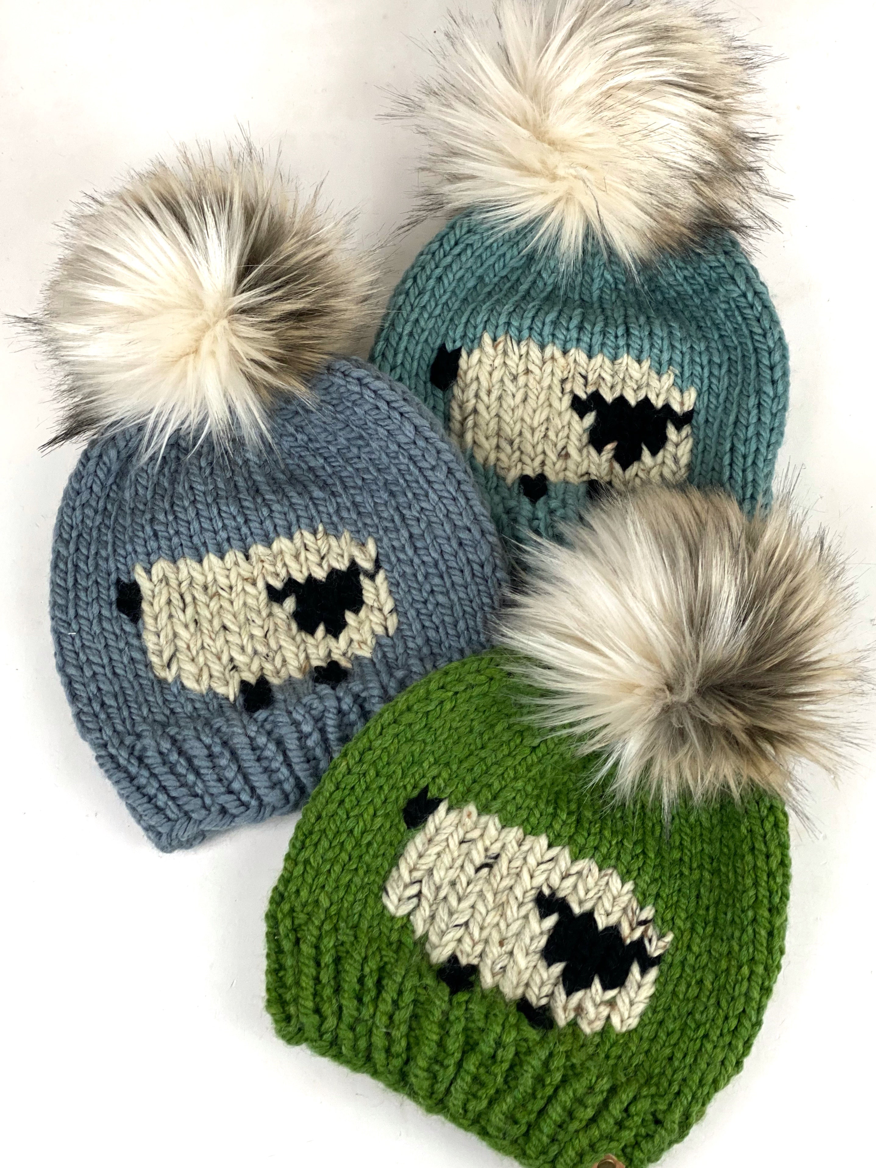 Knit Sheep Beanie Wool Blend Womens Adult Hat Faux Fur Pom Pom Hat