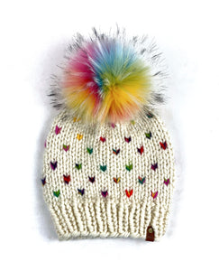 Little Rainbow Hearts Hand Knit Beanie Wool Blend Hat Rainbow Faux Fur Pom Womens Adult
