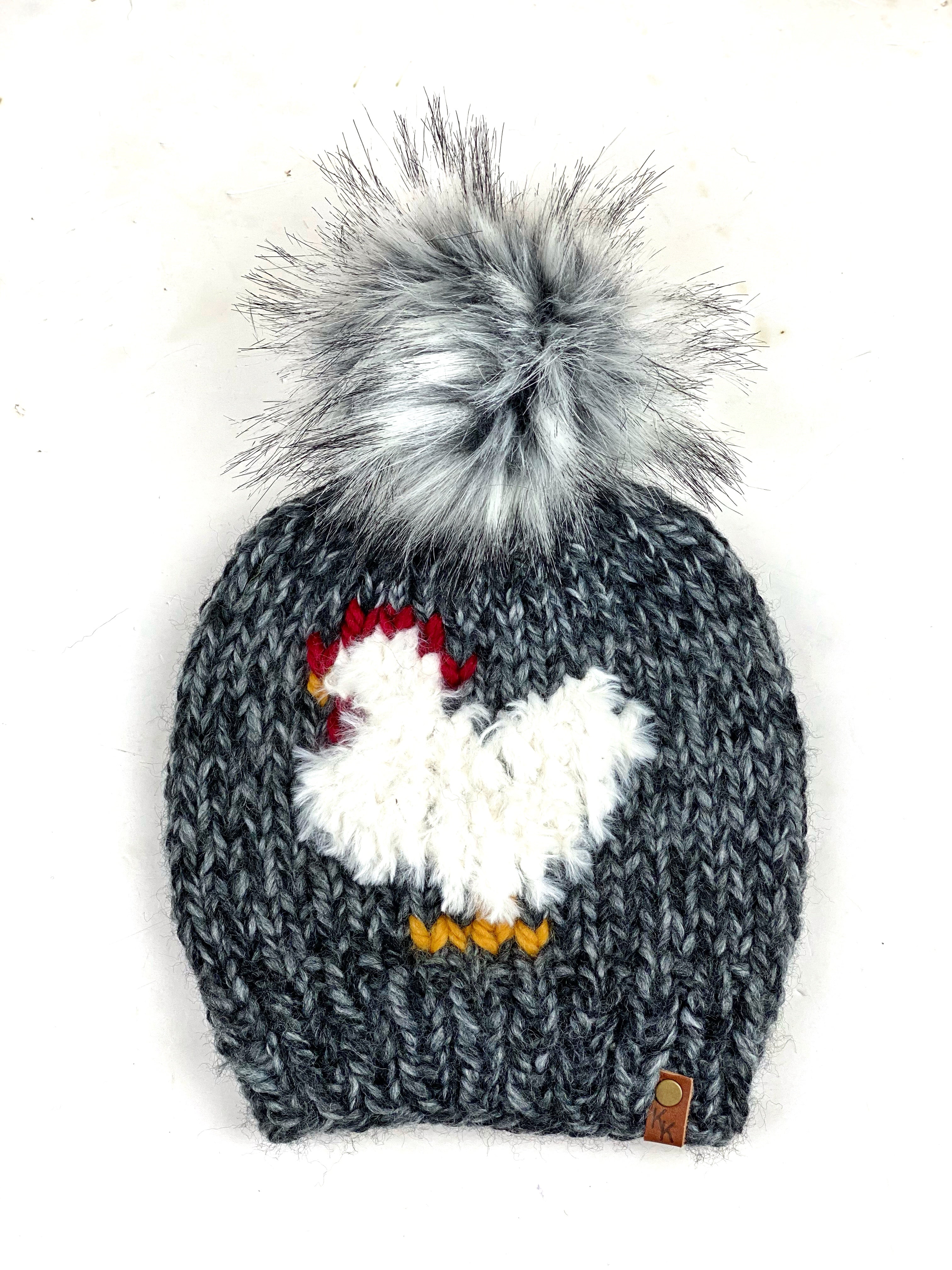 Grey Knit Furry Chicken Beanie Wool Blend Womens Adult Hat Faux Fur Pom Pom Hat