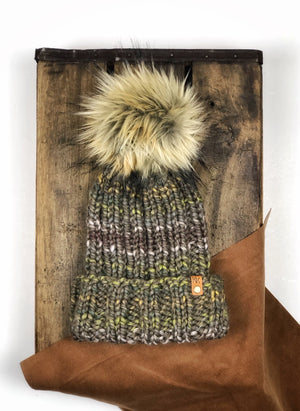 Hand Knit Folded Brim Super Bulky Beanie Snap on Faux Fur Pom - KitchenKlutter