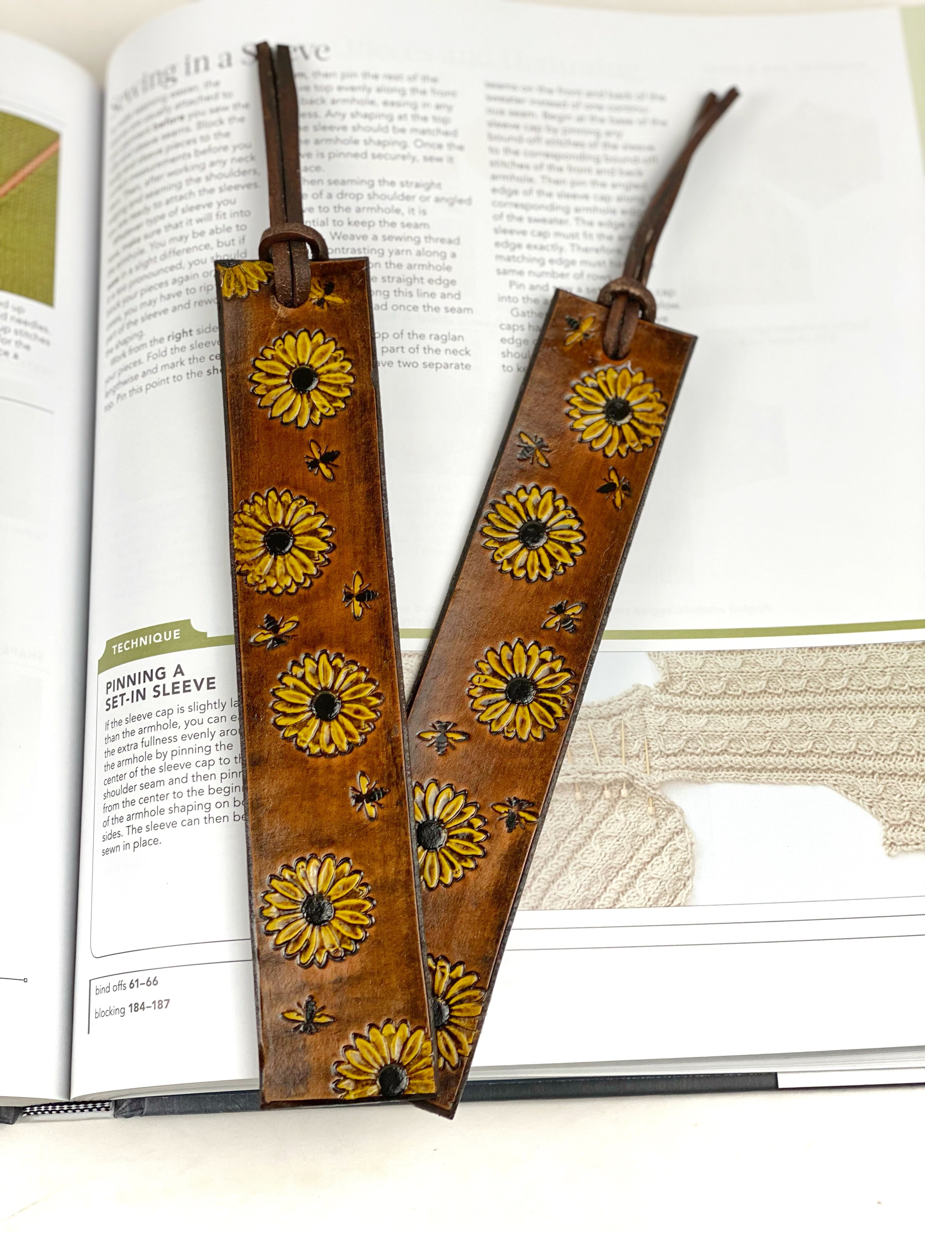 Leather Sunflower Bookmark, Leather Book Marker, Hand Stamped