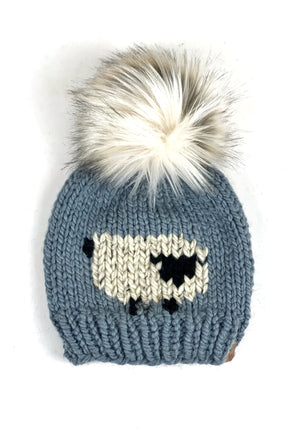 Knit Sheep Beanie Wool Blend Womens Adult Hat Faux Fur Pom Pom Hat