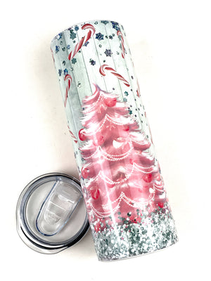 Pink Christmas Tree Full Wrap 20 oz Stainless Steel Skinny Tumbler Sublimation