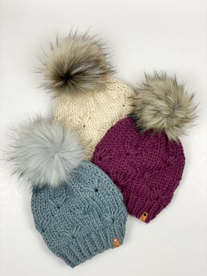 River Walk Beanie Hand Knit Wool Blend Faux Fur Pom Pom Hat - KitchenKlutter