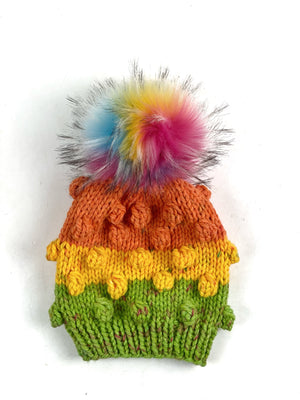 Rainbow Bobble Beanie Womens Hand Knit Hat Acrylic Faux Fur Pom Ready to Ship