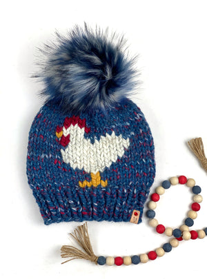 Knit Americana Chicken Beanie Wool Blend Womens Adult Hat Faux Fur Pom Pom Hat
