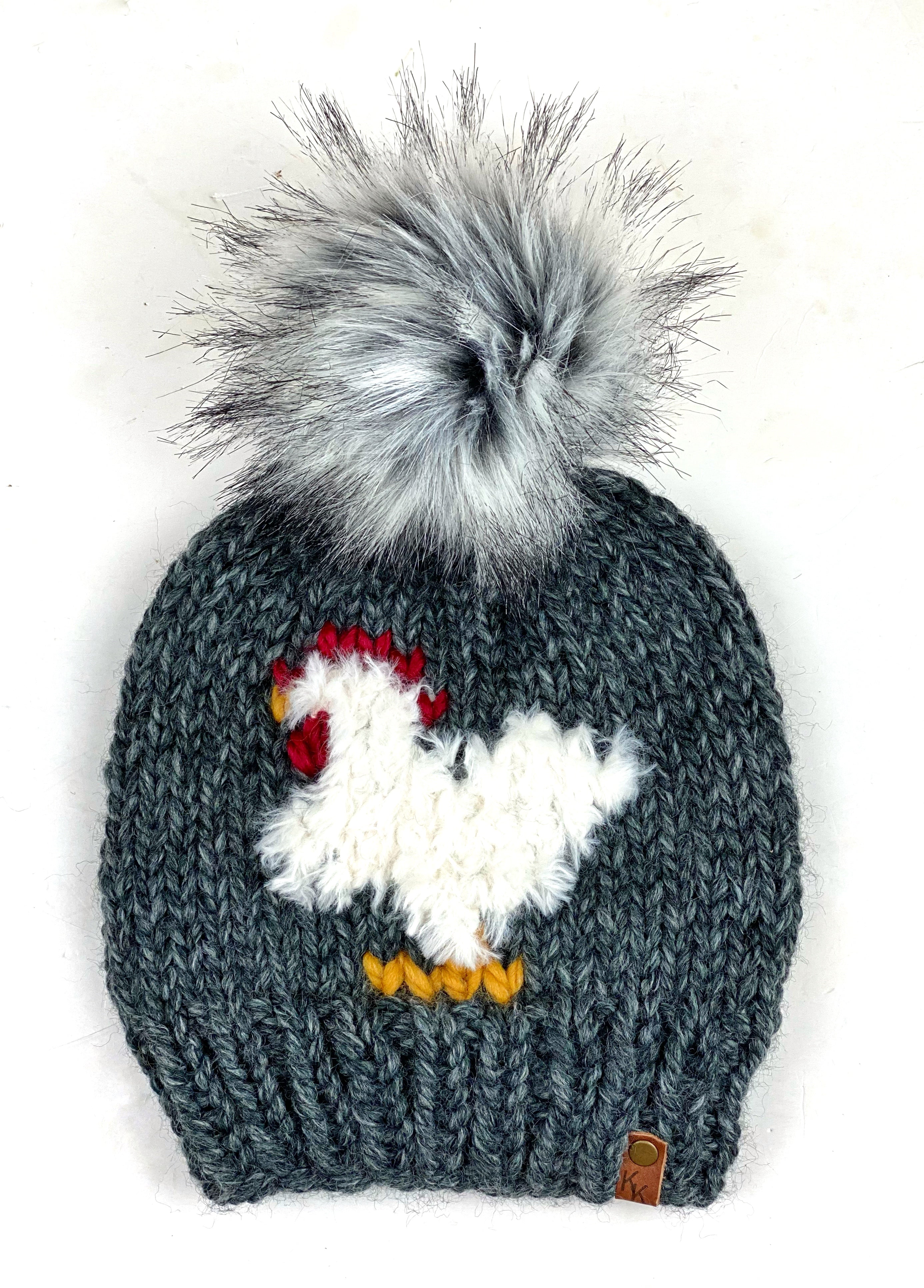 Grey Knit Furry Chicken Beanie Wool Blend Womens Adult Hat Faux Fur Pom Pom Hat