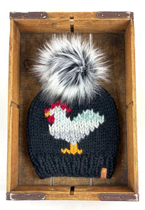Black Sea Glass Chicken Beanie Wool Blend Womens Adult Hat Faux Fur Pom Pom Hat