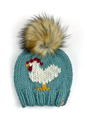 Succulent Knit Chicken Hat Beanie Wool Blend Womens Adult Hat Faux Fur Pom Pom Hat