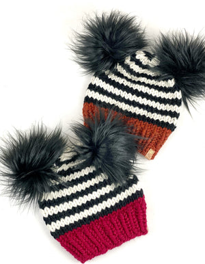 Striped Beanie Wool Blend Womens Adult Hat Faux Fur Pom Pom Hat