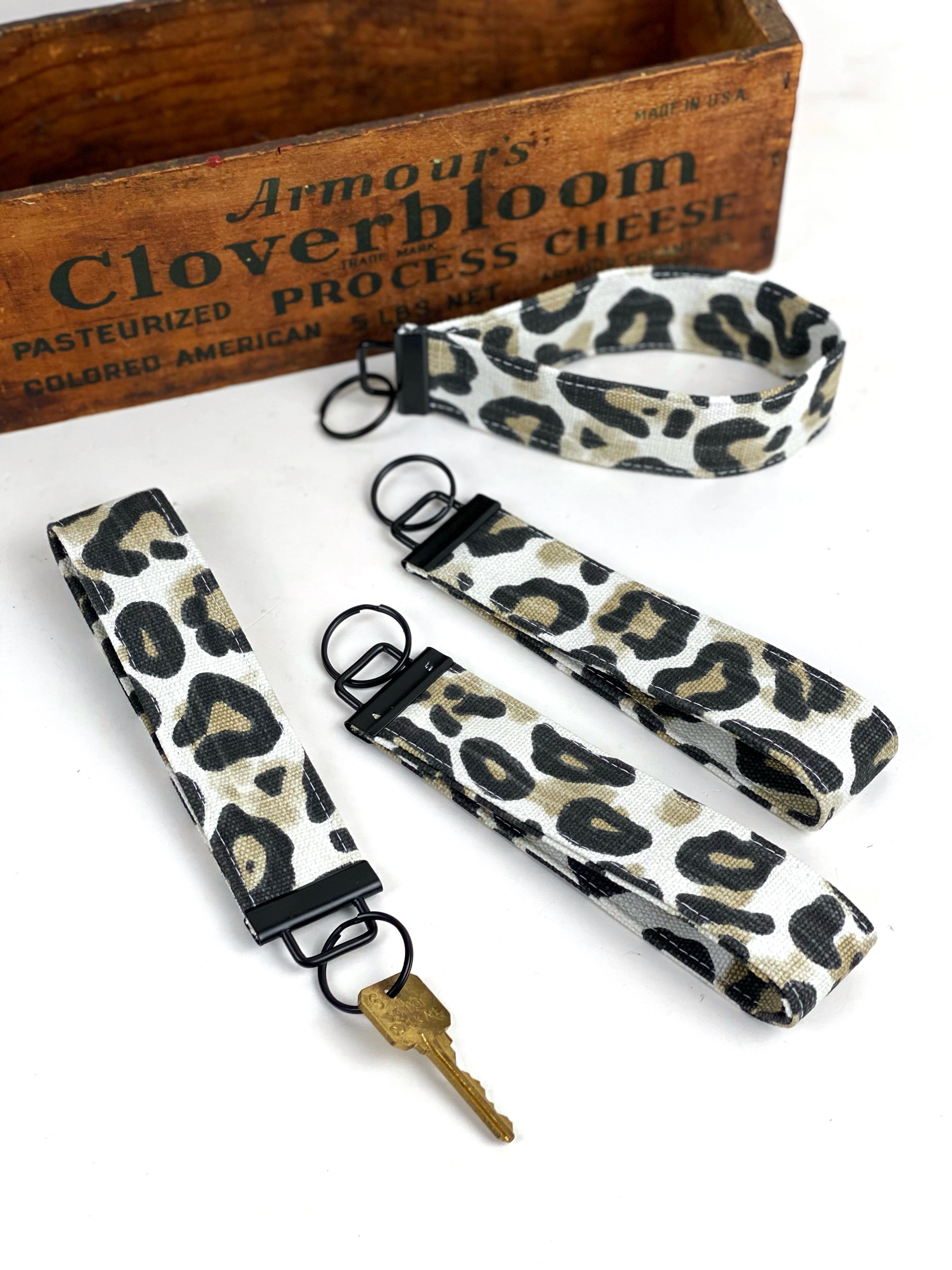 Leopard Print Canvas Wristlet Key Fob Strap Keyring