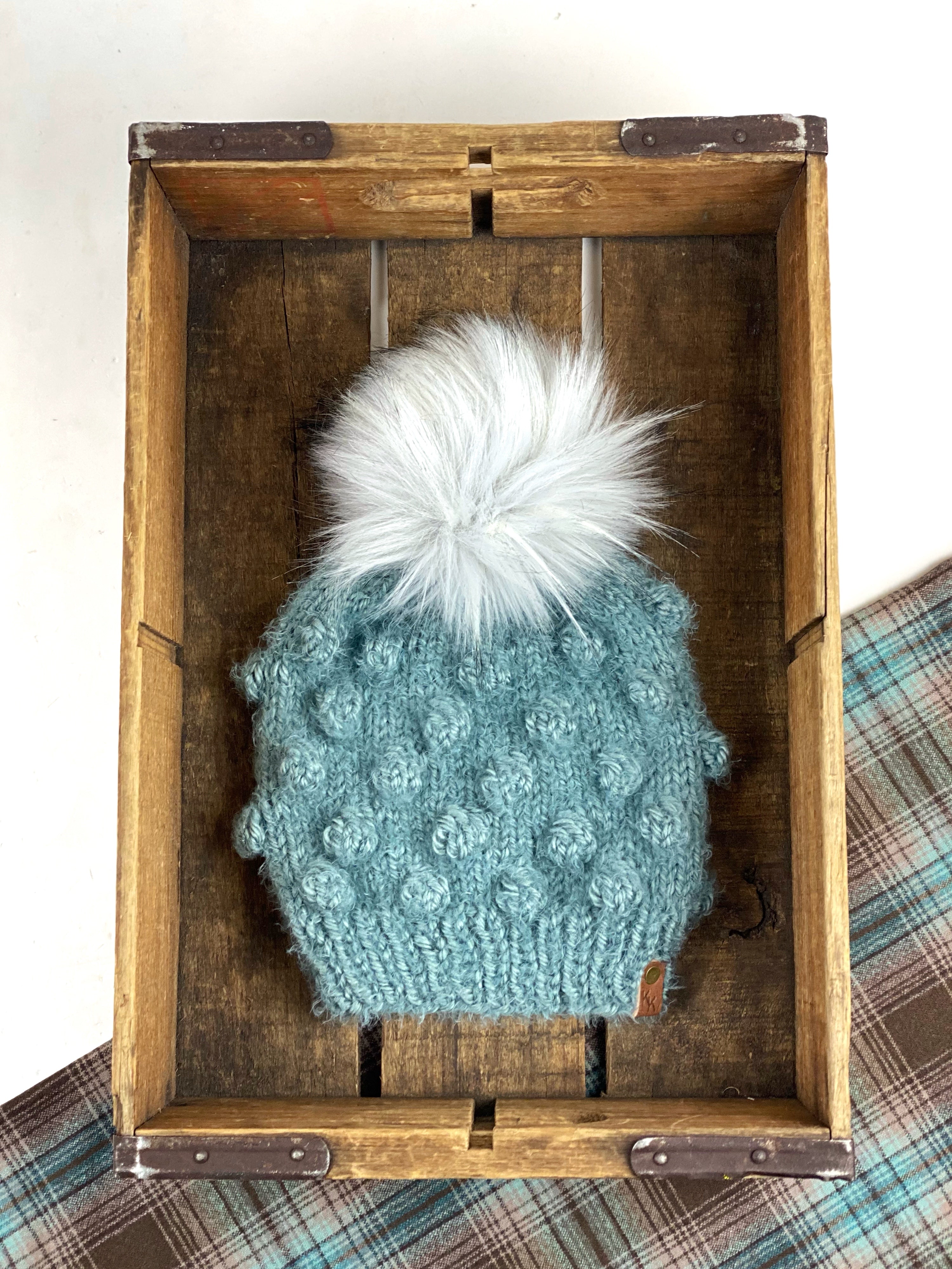 Knit Bobble Beanie, Womens Hand Knit Hat, Acrylic/Nylon Yarn Snap on Faux Fur Pom