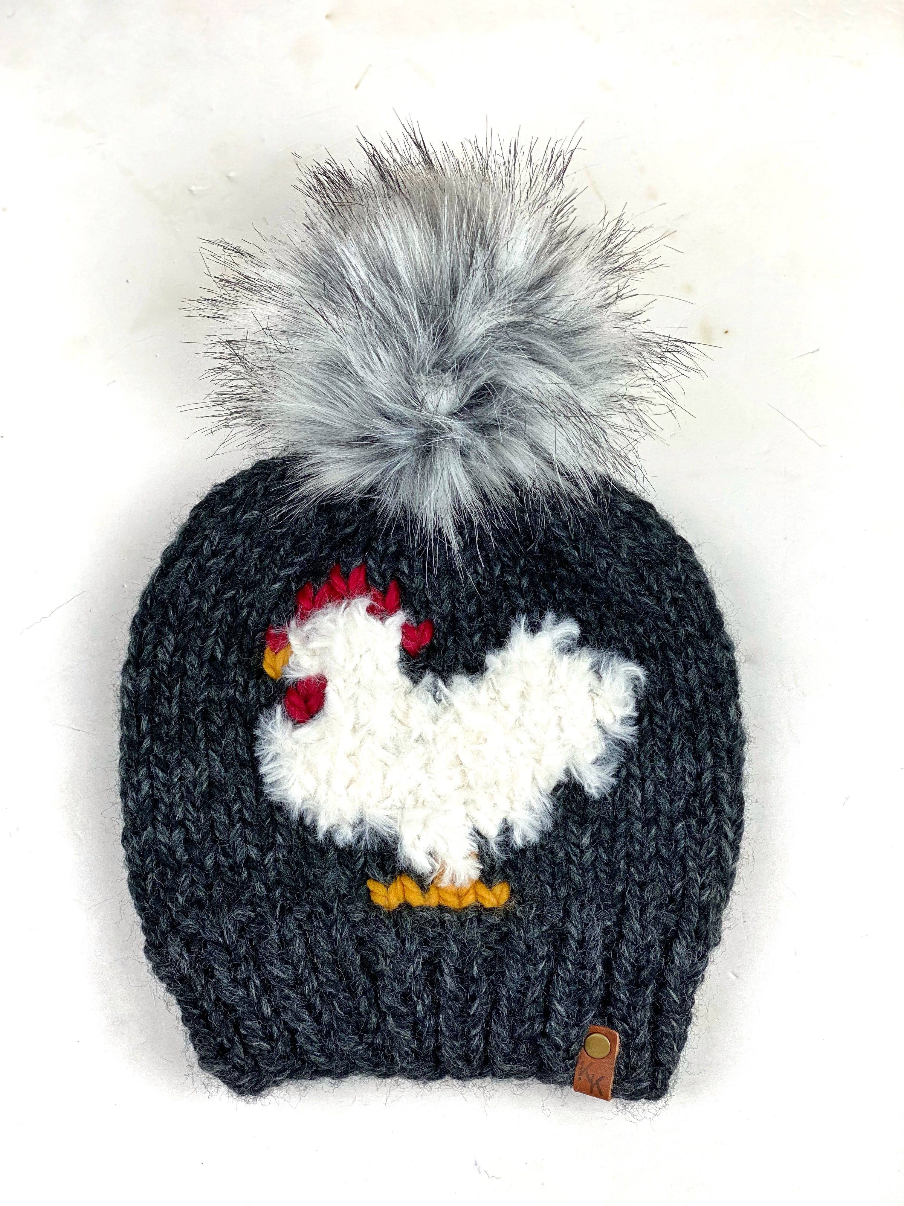 Grey Knit Furry Chicken Beanie Wool Blend Womens Adult Hat Faux Fur Pom Pom Hat