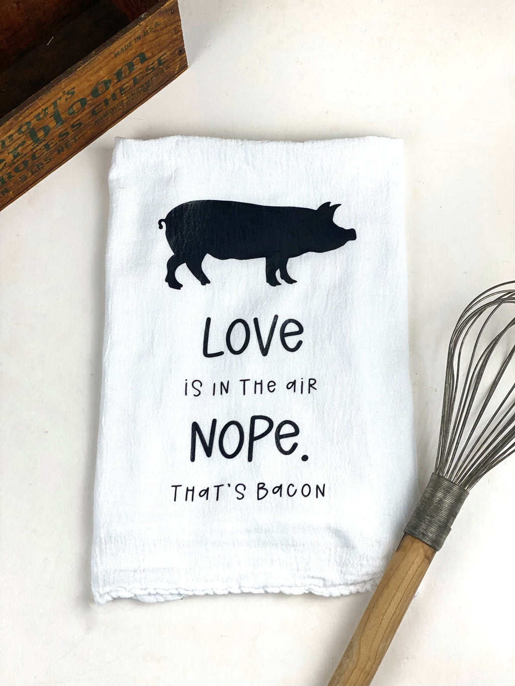 Love is in the air Bacon Pig Flour Sack Towel, Piggie Kitchen Towel, Extra Large Cotton Towel, Heat Pressed Vinyl Kitchen Towel, White Cotton Towel