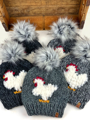 Grey Knit Furry Chicken Beanie Wool Blend Womens Adult Hat Faux Fur Pom Pom Hat