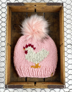 Pink Chicken Hat Beanie Wool Blend Womens Adult Hat Faux Fur Pom Pom Knit Hat