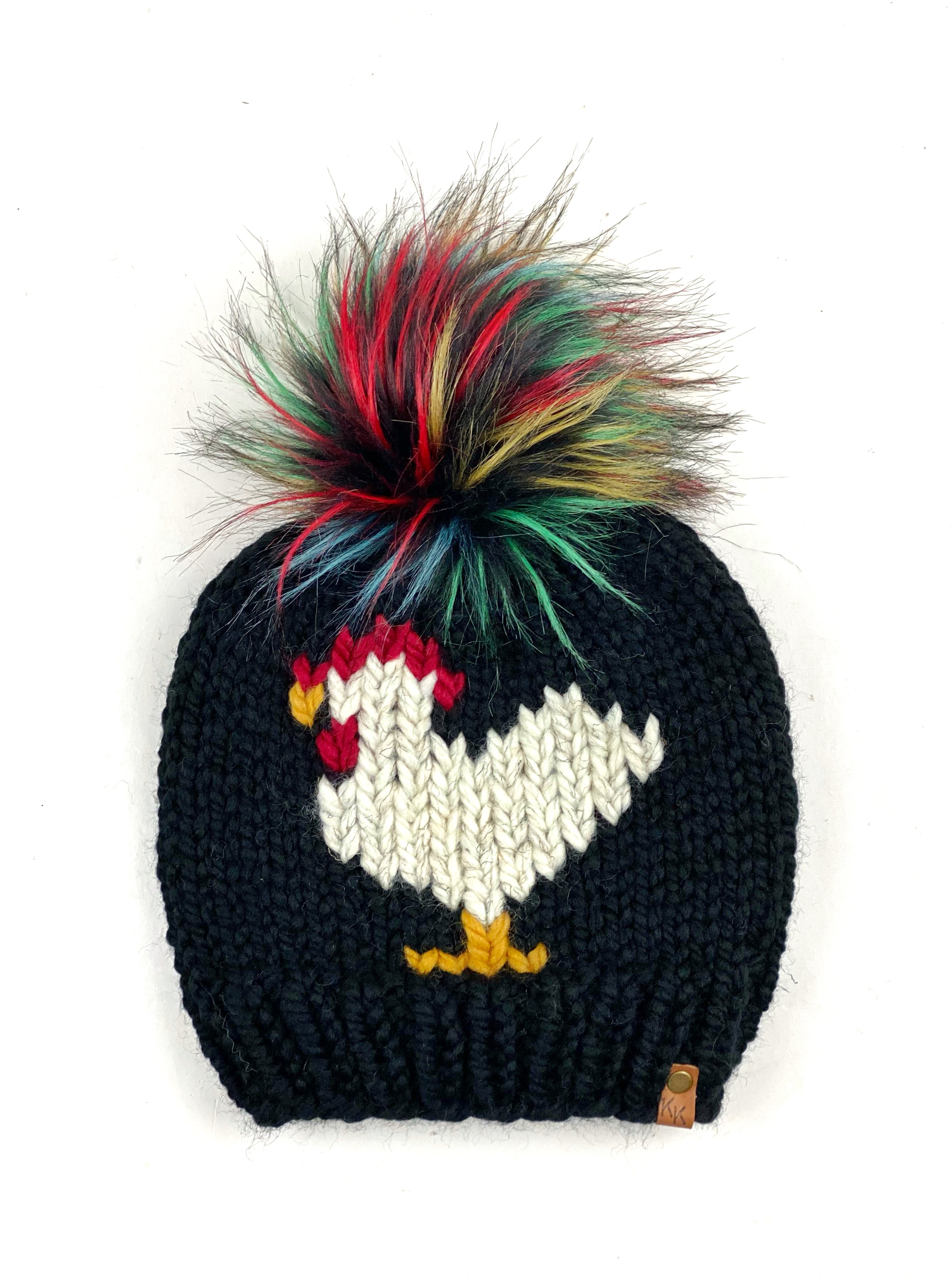Black Chicken Beanie Wool Blend Womens Adult Hat Faux Fur Pom Pom Hat