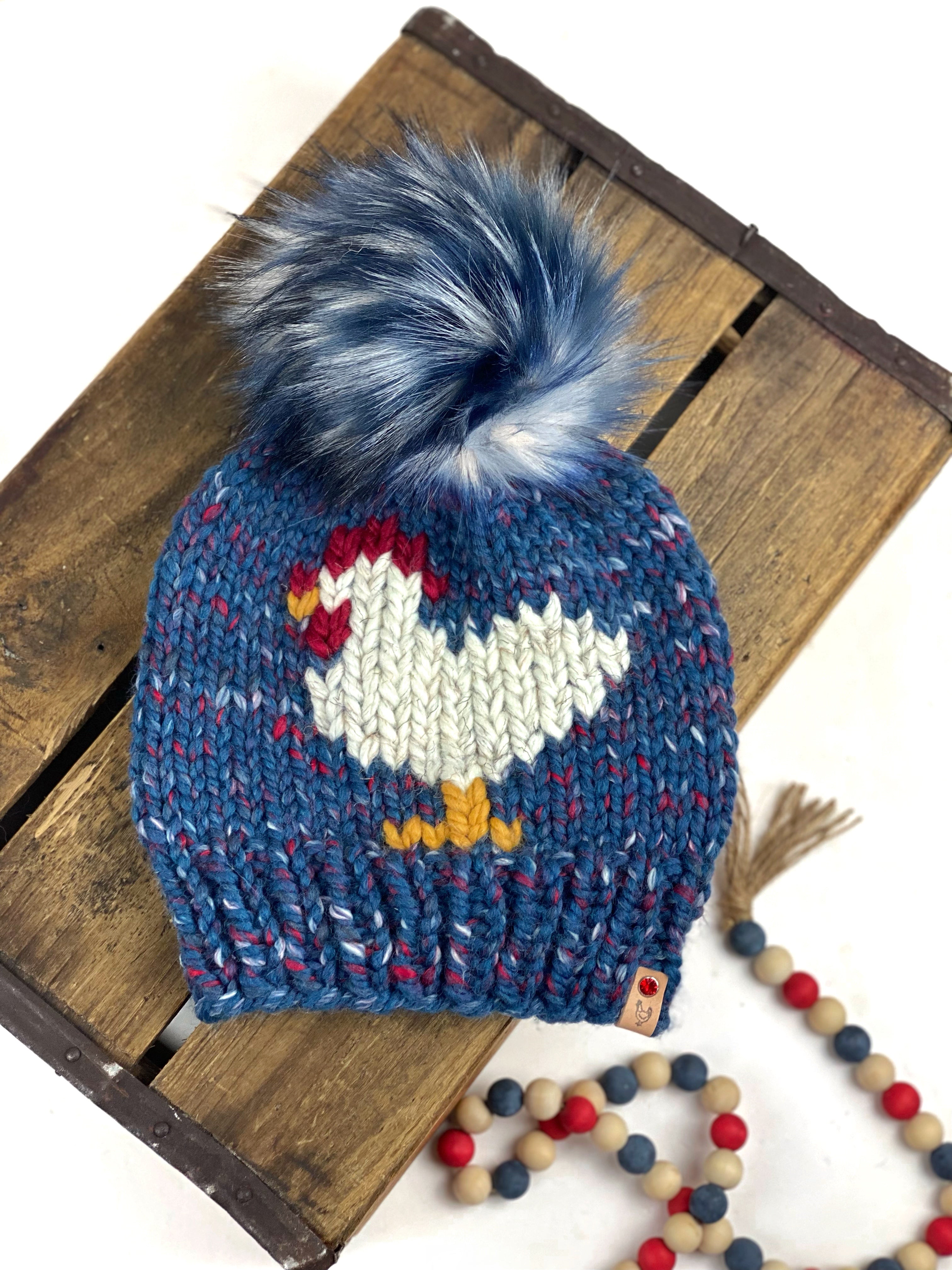 Knit Americana Chicken Beanie Wool Blend Womens Adult Hat Faux Fur Pom Pom Hat
