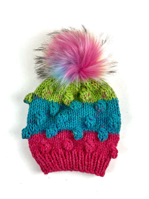 Rainbow Bobble Beanie Womens Hand Knit Hat Acrylic Faux Fur Pom Ready to Ship