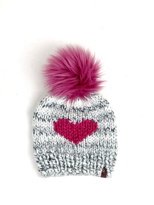 Big Heart Hand Knit Beanie Wool Blend Hat Rainbow Faux Fur Pom Womens Adult
