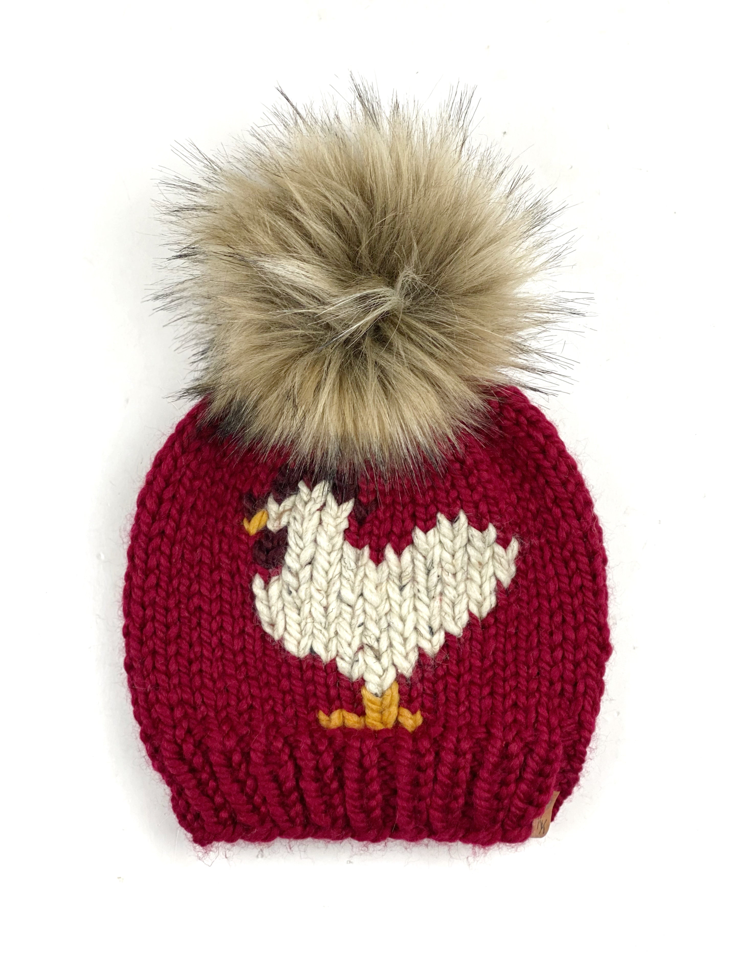 Cranberry Red Chicken Beanie Wool Blend Womens Adult Hat Faux Fur Pom Pom Hat