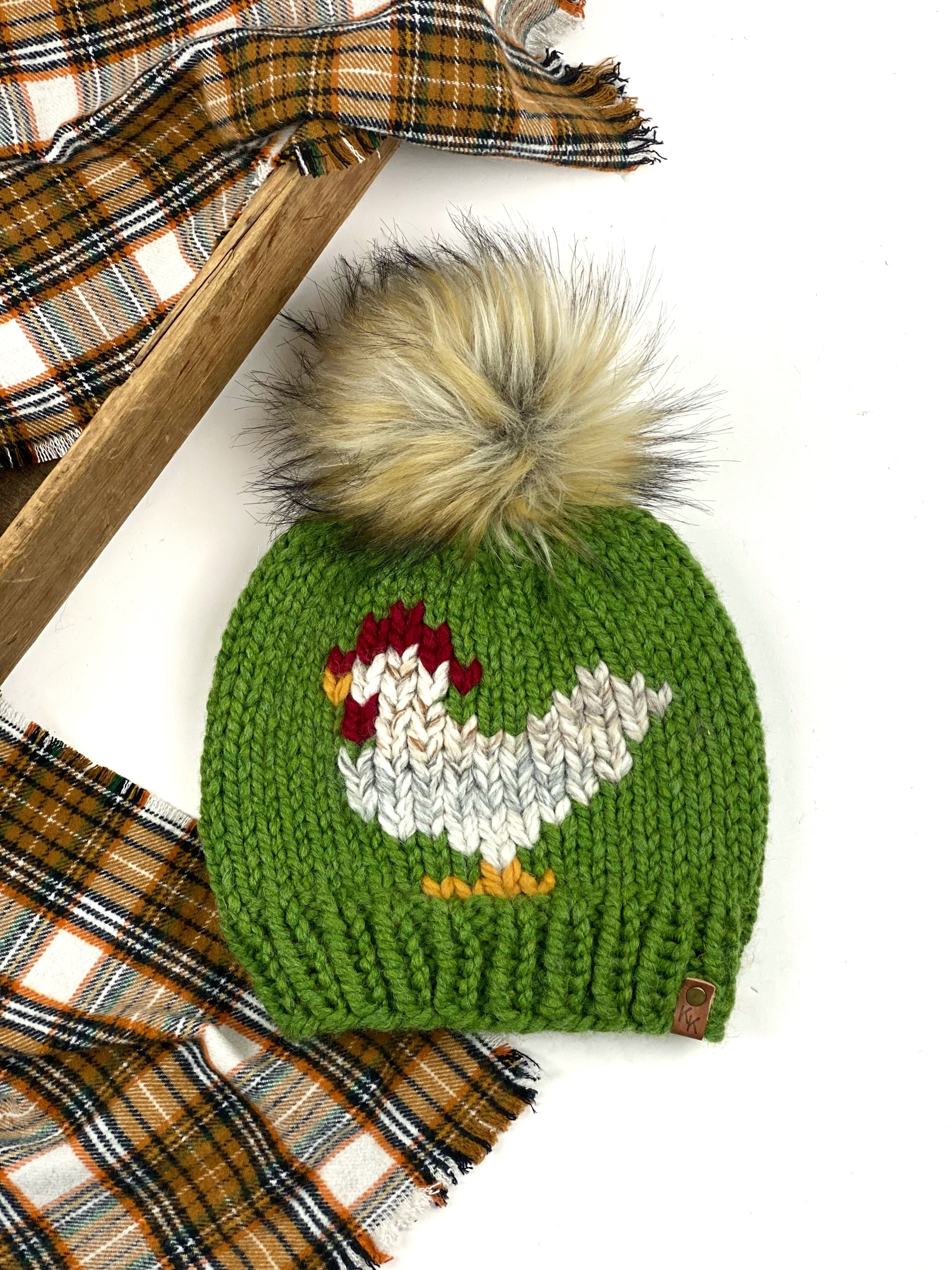 Knit Grass Green Chicken Beanie Wool Blend Womens Adult Hat Faux Fur Pom Pom Hat