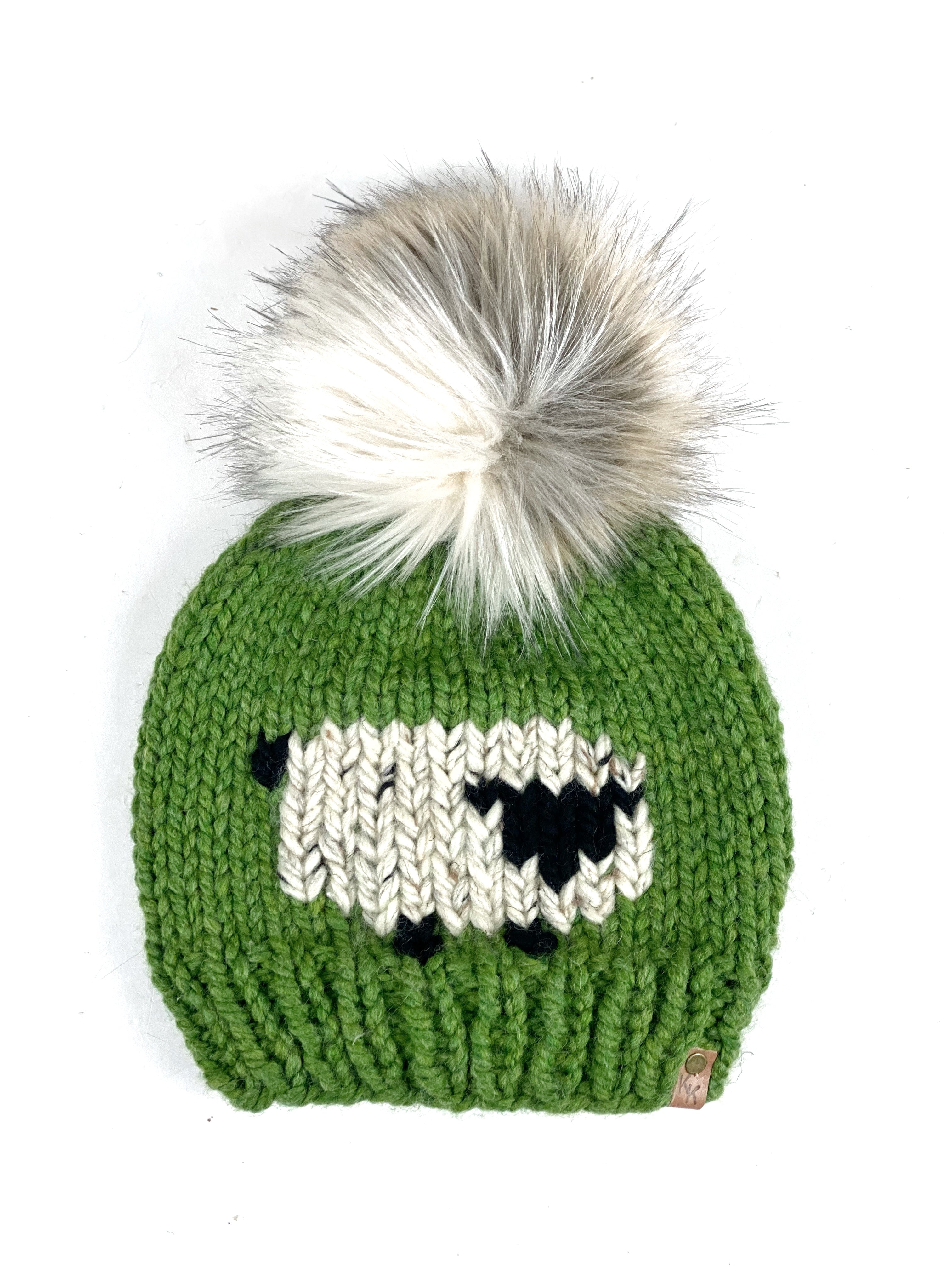 Knit Sheep Beanie Wool Blend Womens Adult Hat Faux Fur Pom Pom Hat