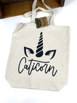 Caticorn Cotton Tote Bag, Lightweight Thin Natural Cotton Tote Bag, Cat Unicorn Reusable Tote Bag, Vinyl Cat Tote, Farmers Market Bag