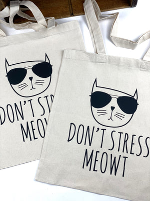 Don’t Stress Meowt Cool Cat Cotton Tote Bag, Lightweight Thin Natural Cotton Tote Bag, Reusable Tote Bag, Vinyl Cat Tote, Farmers Market Bag