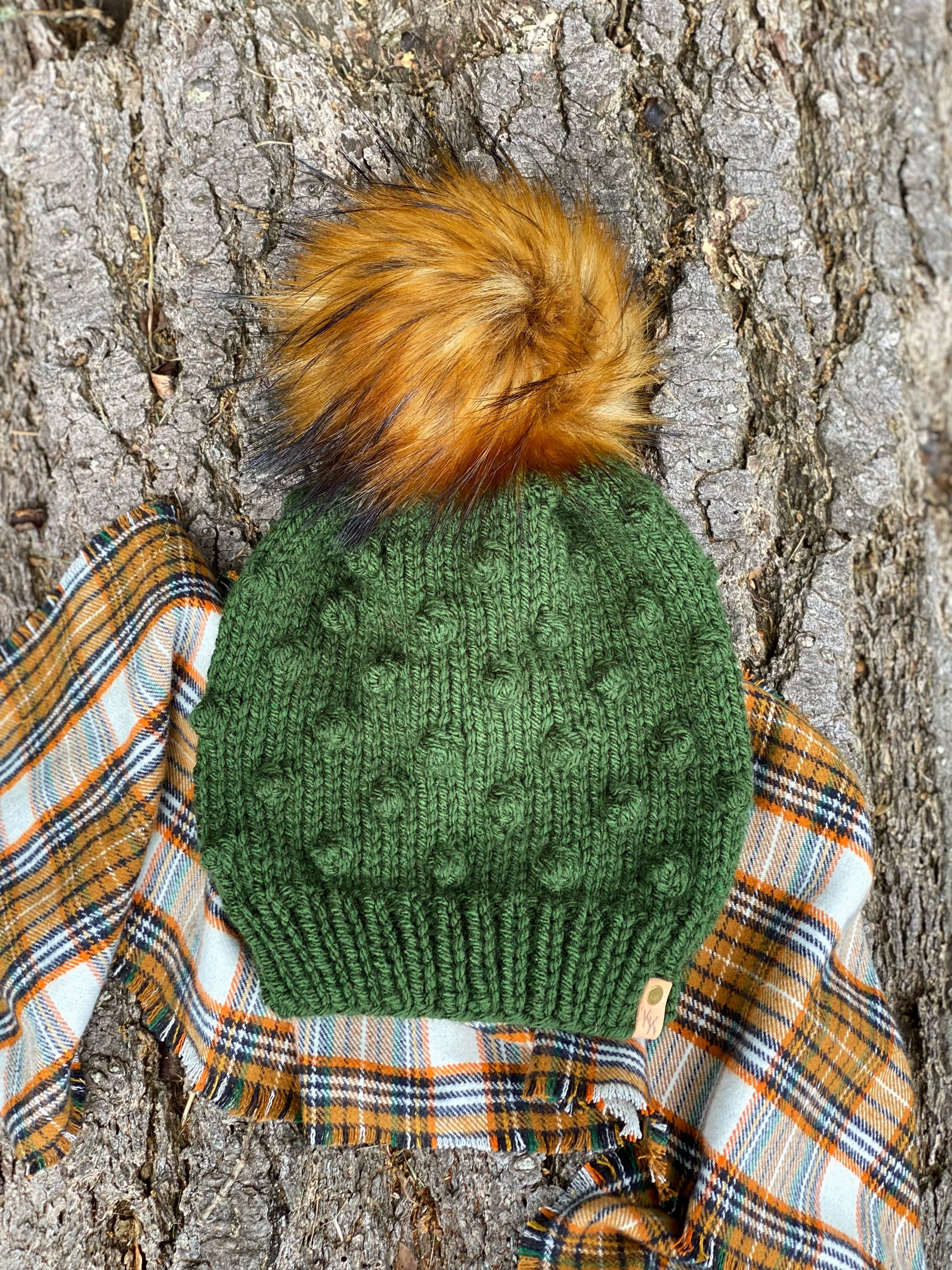 Knit Green Bobble Beanie, Womens Hand Knit Hat, Acrylic Yarn Faux Fur Pom
