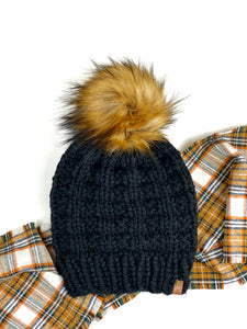 Black Rainier Knit Beanie 6" Faux Fur Pom Pom Hat