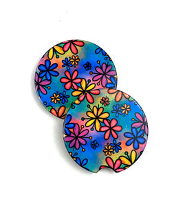 Art Pop Retro Flowers Car Coasters Ceramic Stone Sublimation Set of 2