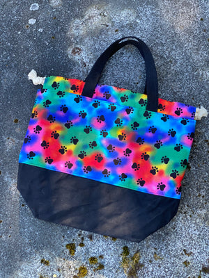 Rainbow Paw Prints on Black Project Bag, Project Bag for Knitters, Knitting Bag, Black Floral Bag
