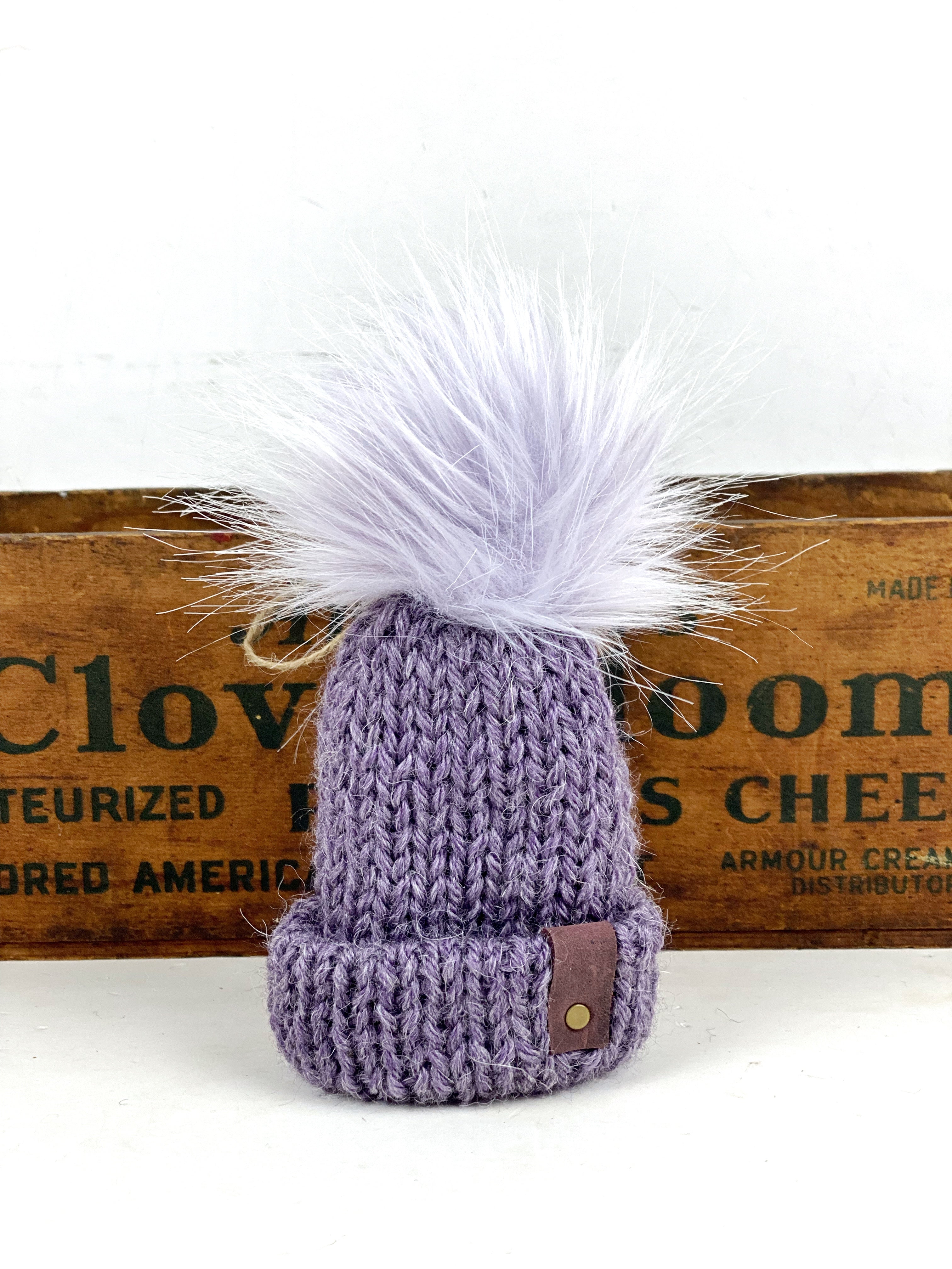 Lilac Tiny Knit Hat Purse Charm, Folded Brim Tiny Hat Ornament, Tiny Hat Car Purse Charm