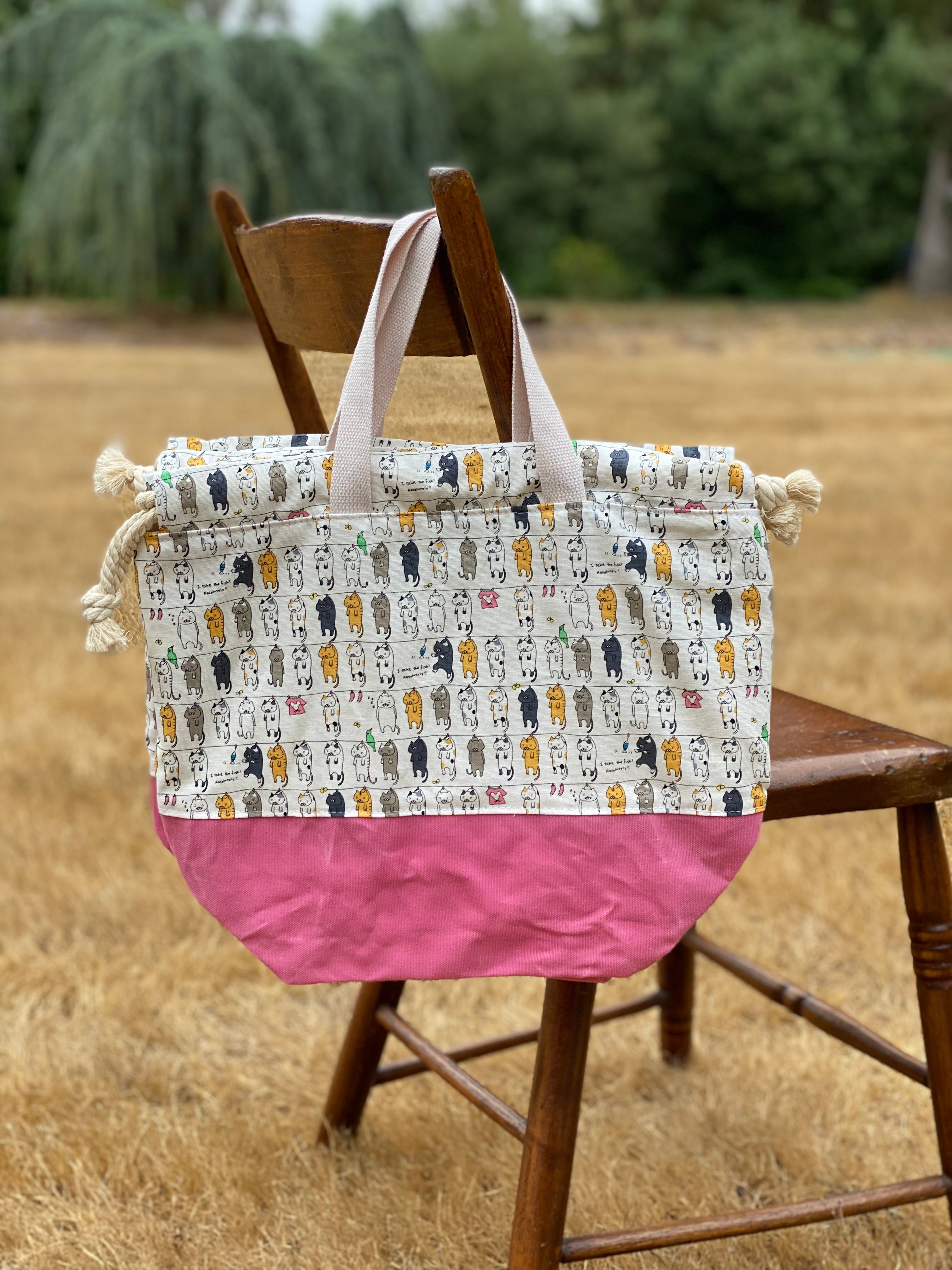 Clothesline Cats Waxed Canvas Project Bag, Whimsical Cats on a Clothes Line, Canvas Knitting Bag, Crochet Bag, Drawstring Bag