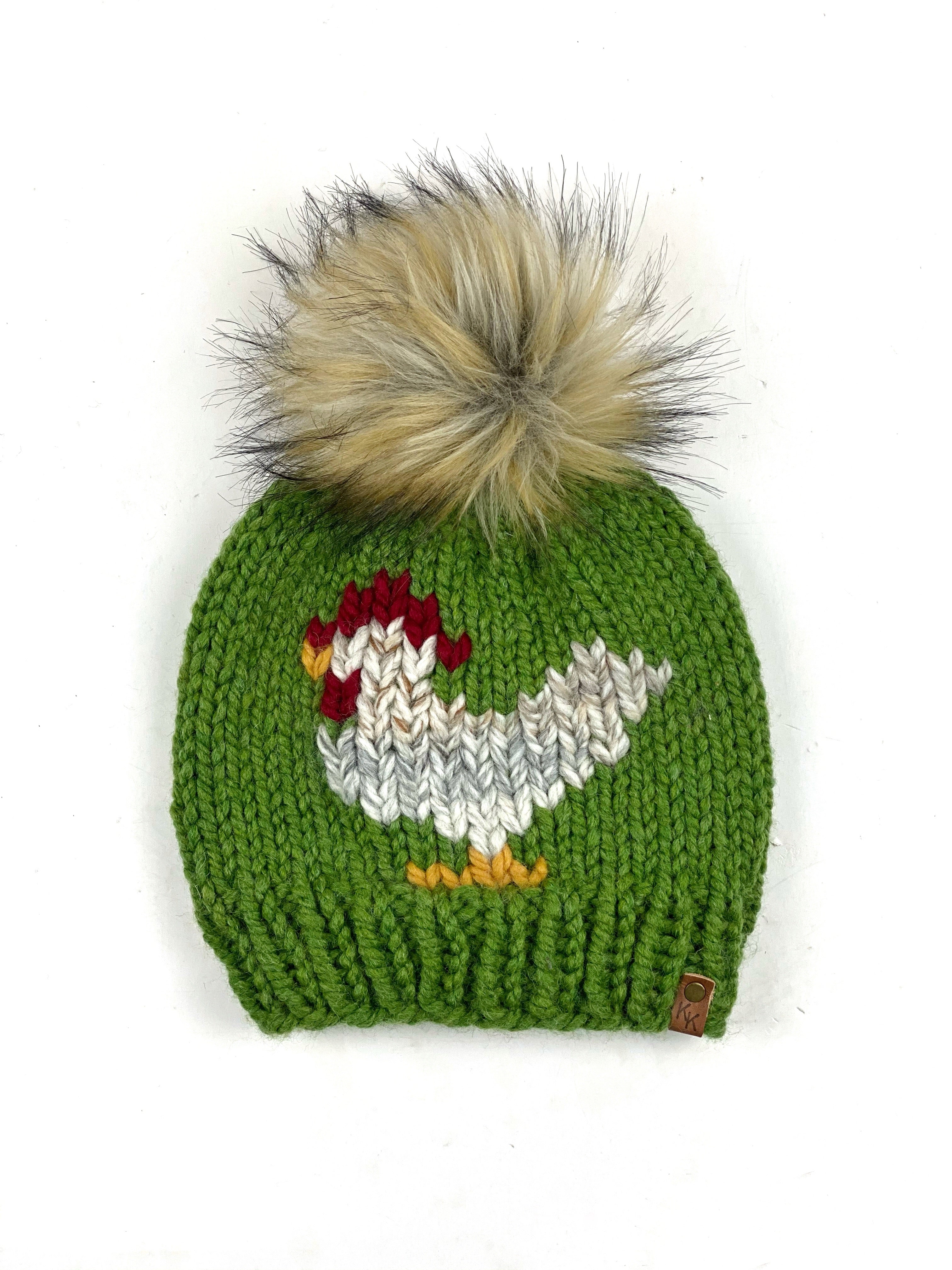 Knit Grass Green Chicken Beanie Wool Blend Womens Adult Hat Faux Fur Pom Pom Hat