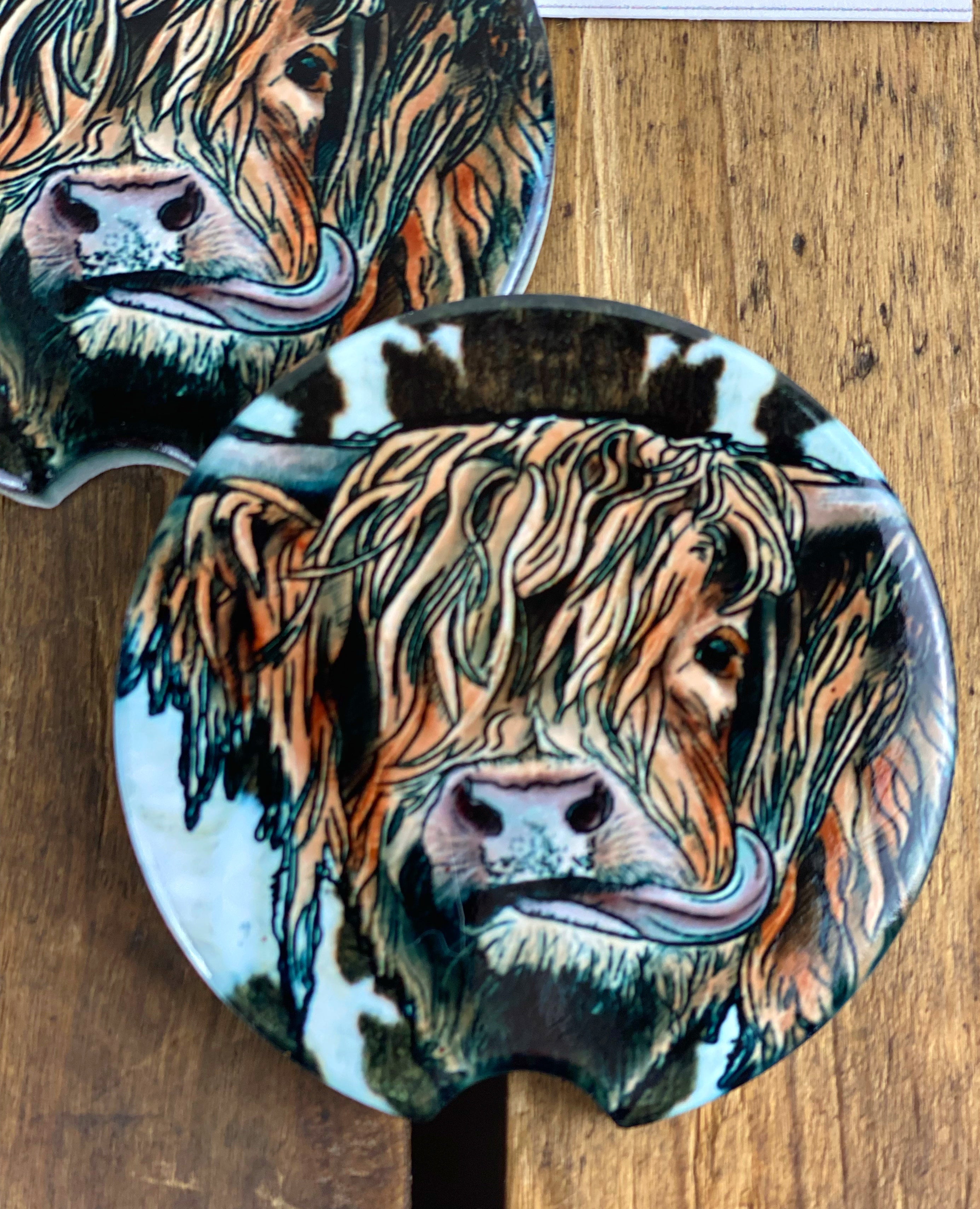 Highland Cow Western or Cow Hide Car Coasters Ceramic Stone Sublimation Set of 2