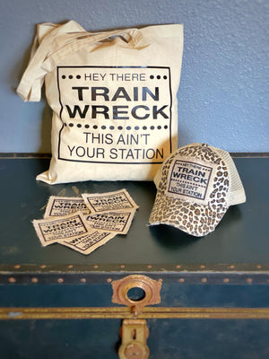 Hey There Trainwreck This Aint Your Station Lightweight Canvas Tote Bag, Leopard Print Mesh Ponytail Baseball Cap, Hat Patch