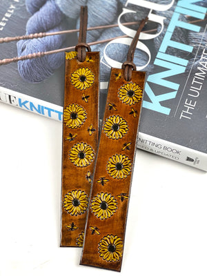 Leather Sunflower Bookmark, Leather Book Marker, Hand Stamped and Painted Leather Flower Book Mark, Leather Bookmarker