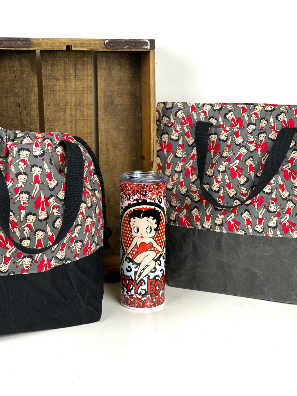 Betty Boop Cotton Project Bag, Project Bag for Knitters, Waxed Canvas Bag, Crochet Bag, Whimsical Project Bag